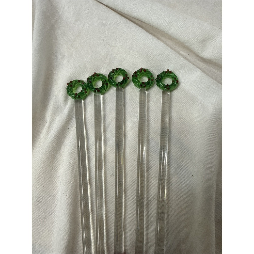 Handblown Holiday Glass Cocktail Drink Stirrers Xmas Wreath 5 Swizzles Bar Vtg